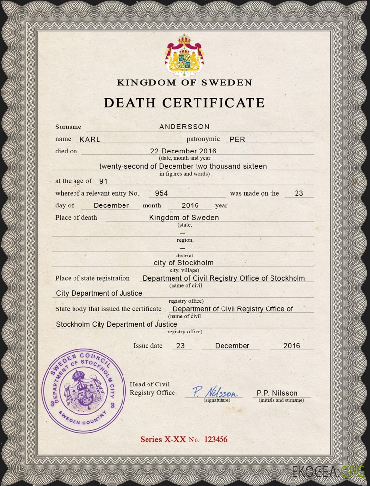 Modèle PSD de certificat de décès de l'état civil de la Suède